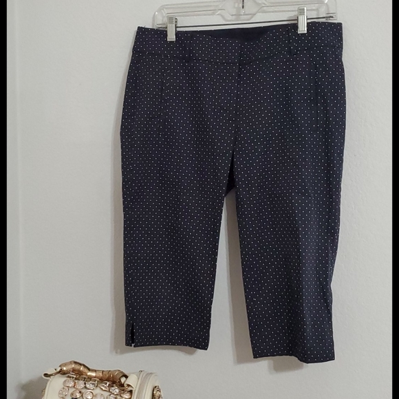 Ann Taylor Pants - ANN TAYLOR  navy blue black capris side slits white dots sz. 8